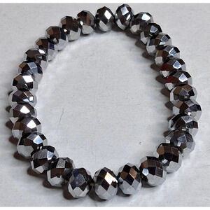 Silver Tone Metallic Faceted Bead Stretch Bling Bracelet Womens Fashion Jewelry